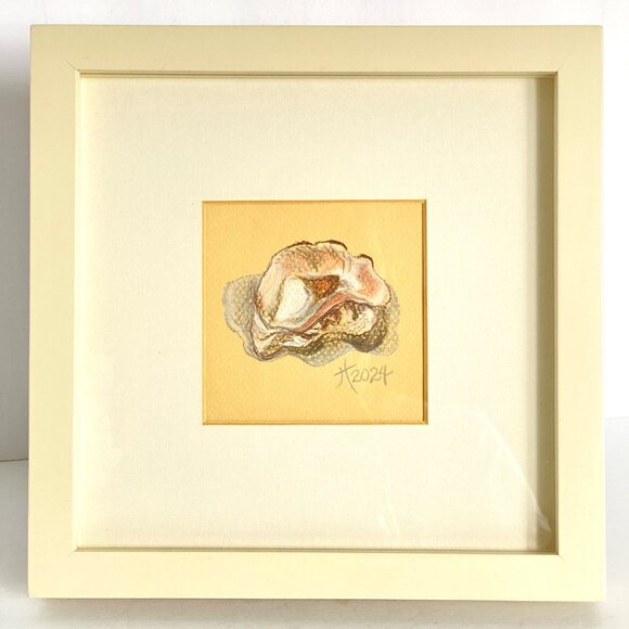 Cracked Oyster Pastel Art Drawing Painting Neutral Colors Square Framed 9x9in - Picture 2 of 9
